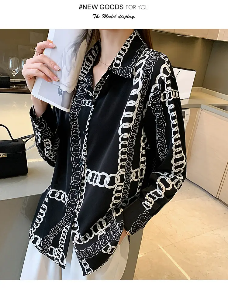 French Style Black Chiffon Long Sleeve Shirt with White Chain Print — feature 28