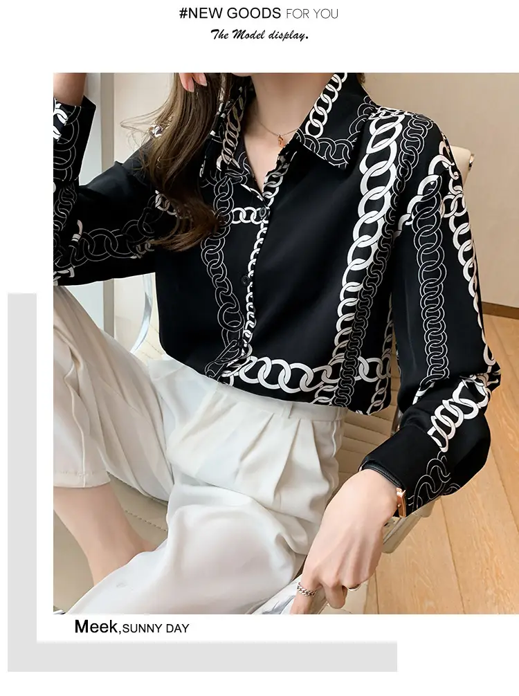 French Style Black Chiffon Long Sleeve Shirt with White Chain Print — feature 29