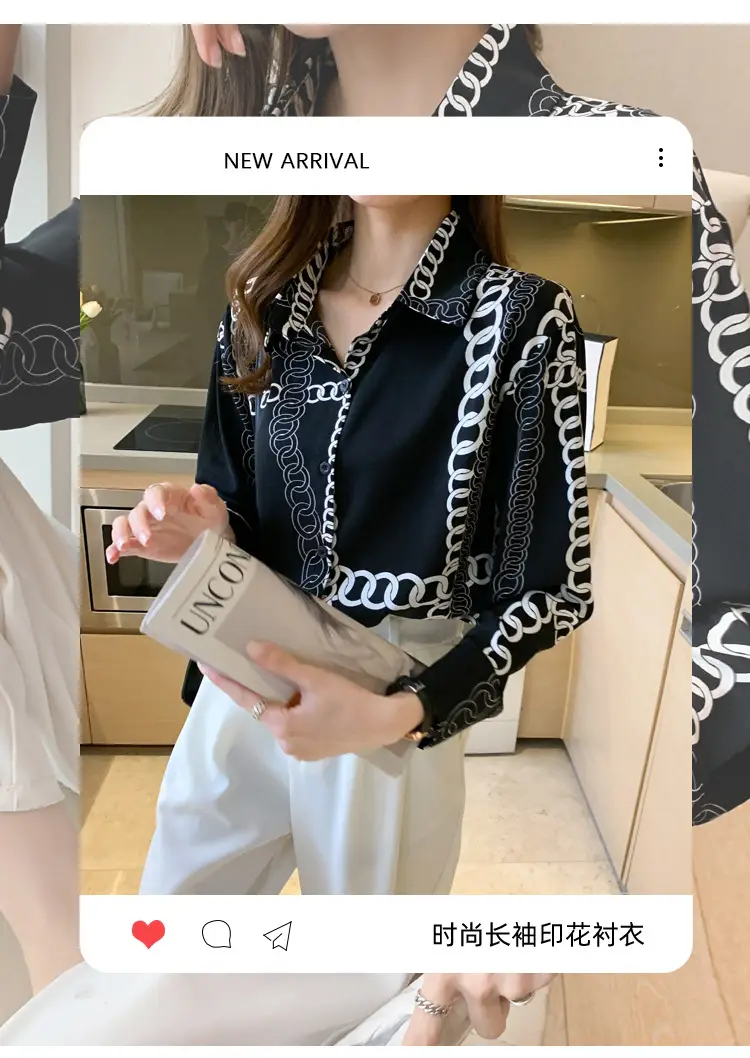 French Style Black Chiffon Long Sleeve Shirt with White Chain Print — feature 3