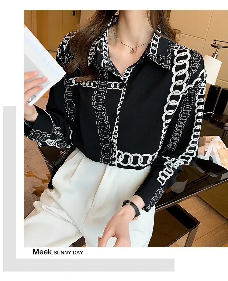 French Style Black Chiffon Long Sleeve Shirt with White Chain Print — feature 30