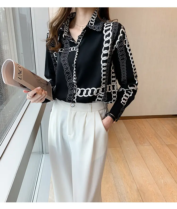 French Style Black Chiffon Long Sleeve Shirt with White Chain Print — feature 31