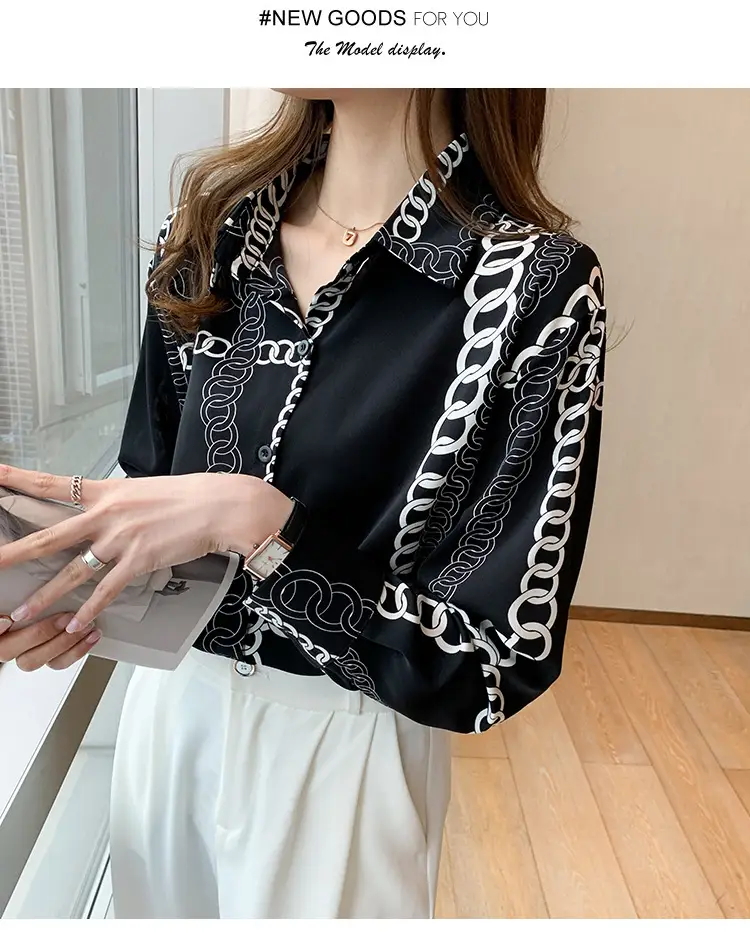 French Style Black Chiffon Long Sleeve Shirt with White Chain Print — feature 32