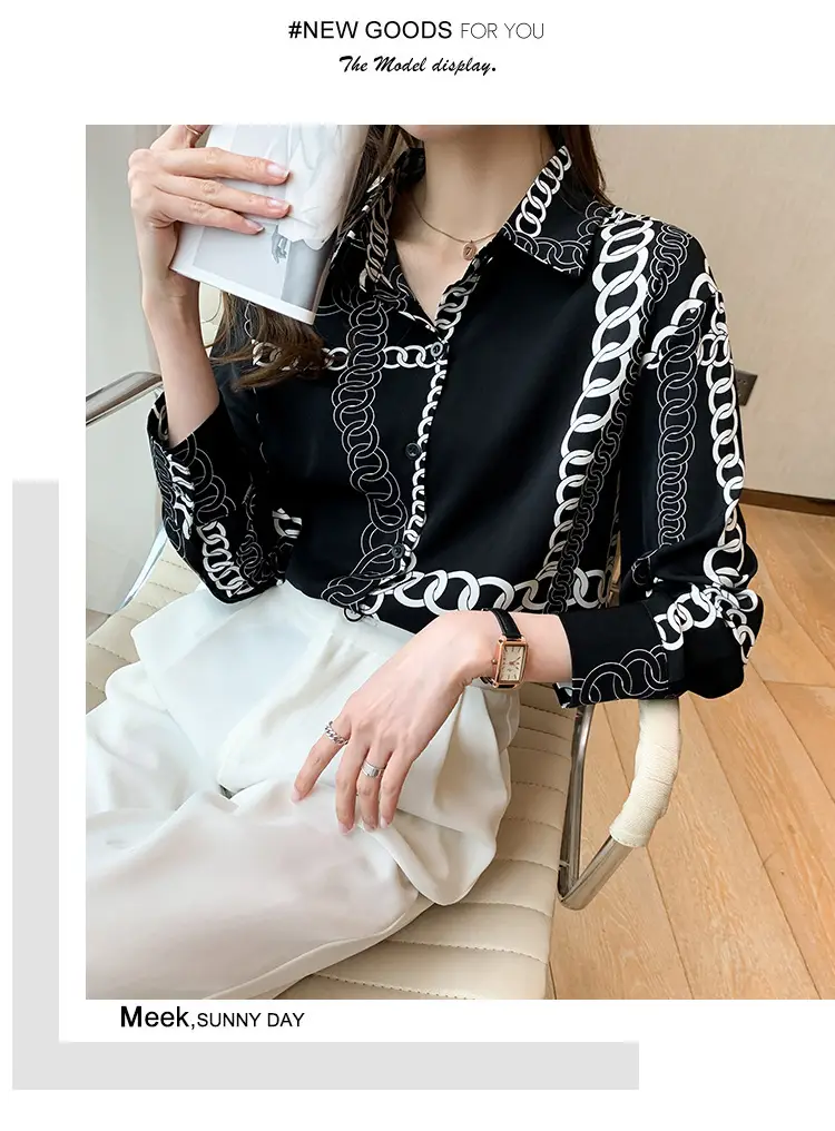 French Style Black Chiffon Long Sleeve Shirt with White Chain Print — feature 33