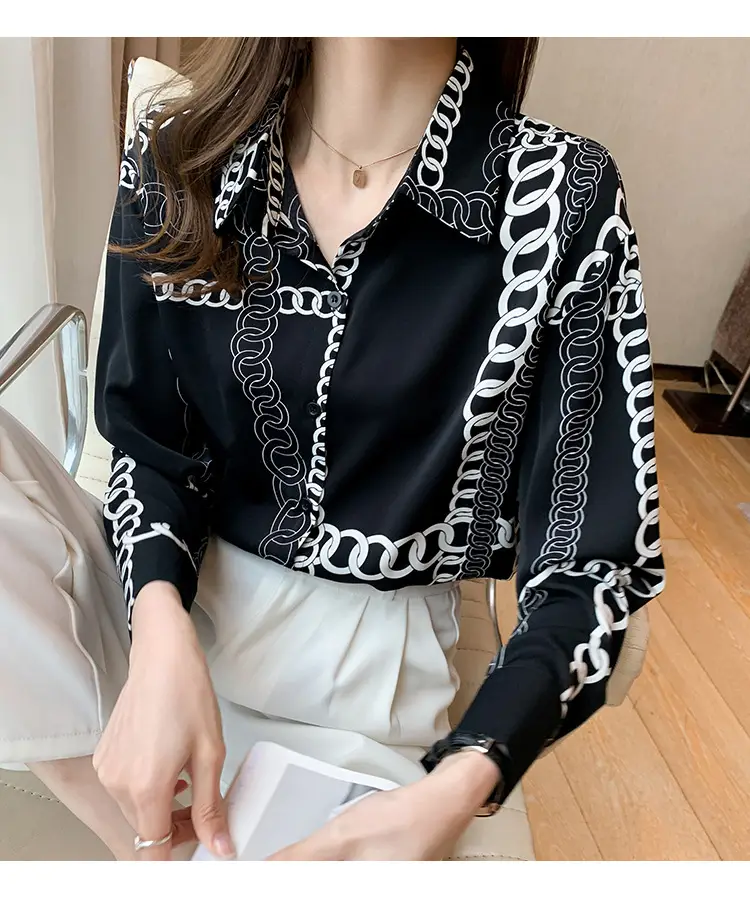French Style Black Chiffon Long Sleeve Shirt with White Chain Print — feature 34