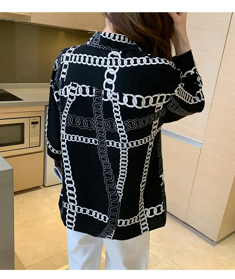 French Style Black Chiffon Long Sleeve Shirt with White Chain Print — feature 35