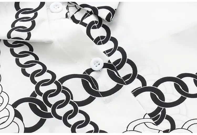 French Style Black Chiffon Long Sleeve Shirt with White Chain Print — feature 38