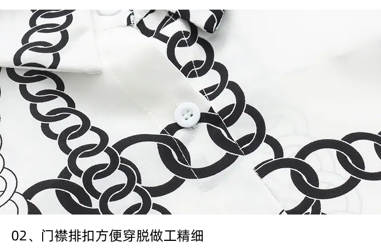 French Style Black Chiffon Long Sleeve Shirt with White Chain Print — feature 8