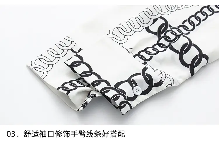 French Style Black Chiffon Long Sleeve Shirt with White Chain Print — feature 9