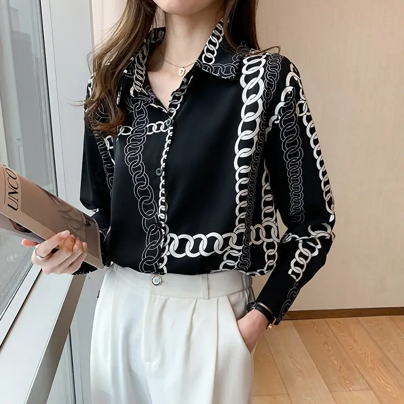French Style Black Chiffon Long Sleeve Shirt with White Chain Print - Image 2