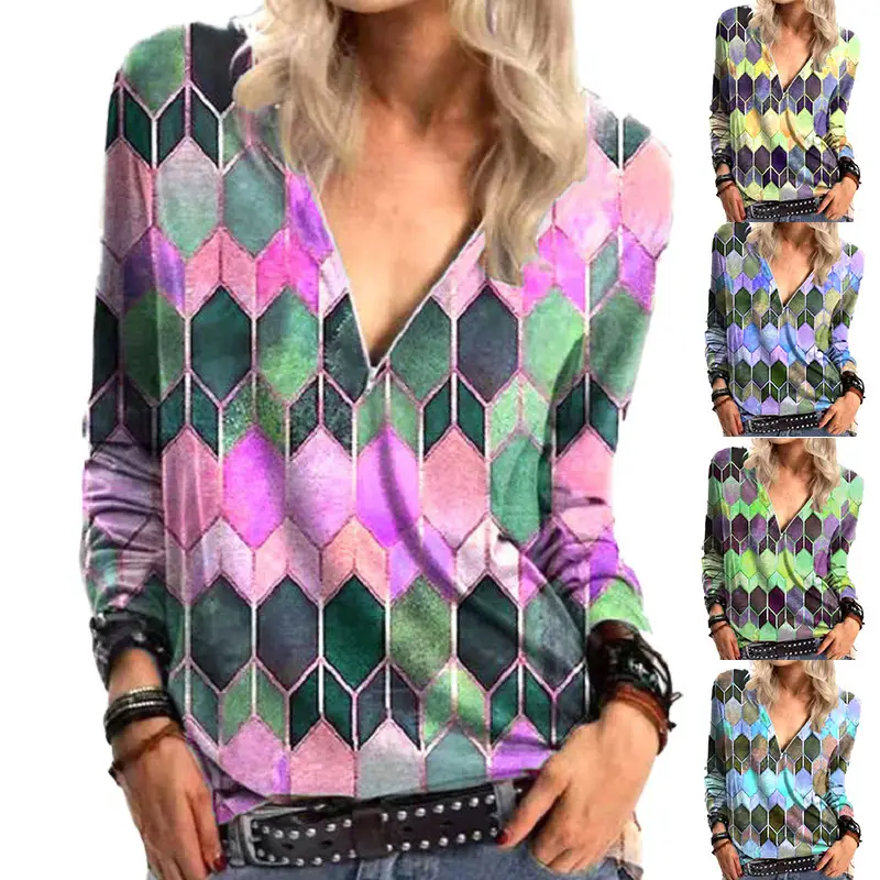 2022 Women's Geometric Printed Long Sleeve T-Shirt Maroon - Image 18