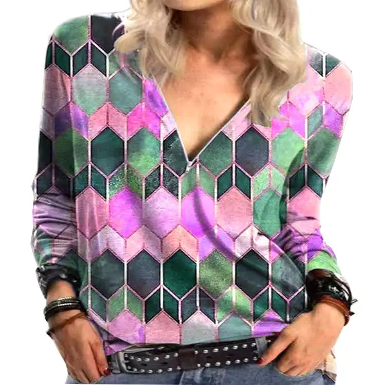 2022 Women's Geometric Printed Long Sleeve T-Shirt Maroon - Image 22