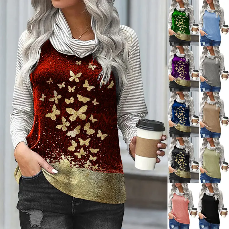2022 Women's Geometric Printed Long Sleeve T-Shirt Maroon — feature 2