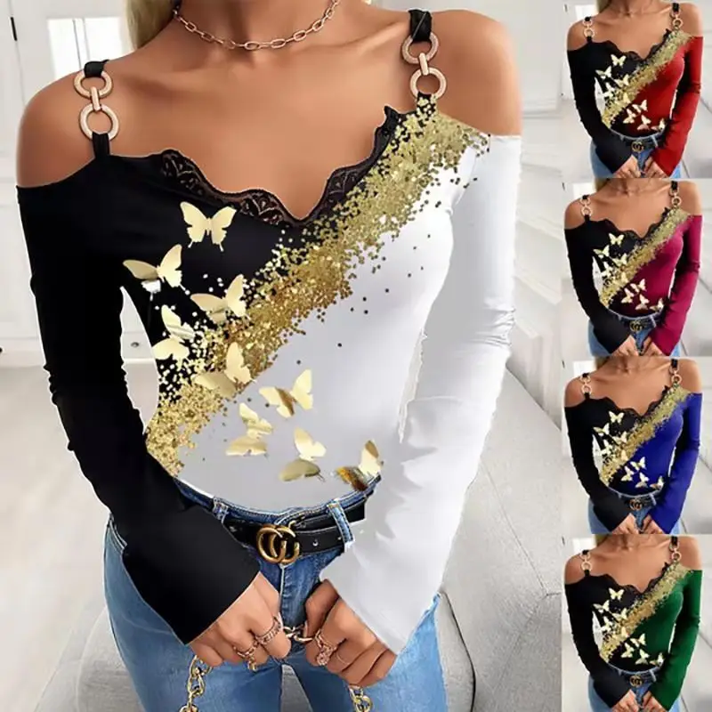 2022 Women's Geometric Printed Long Sleeve T-Shirt Maroon — feature 4