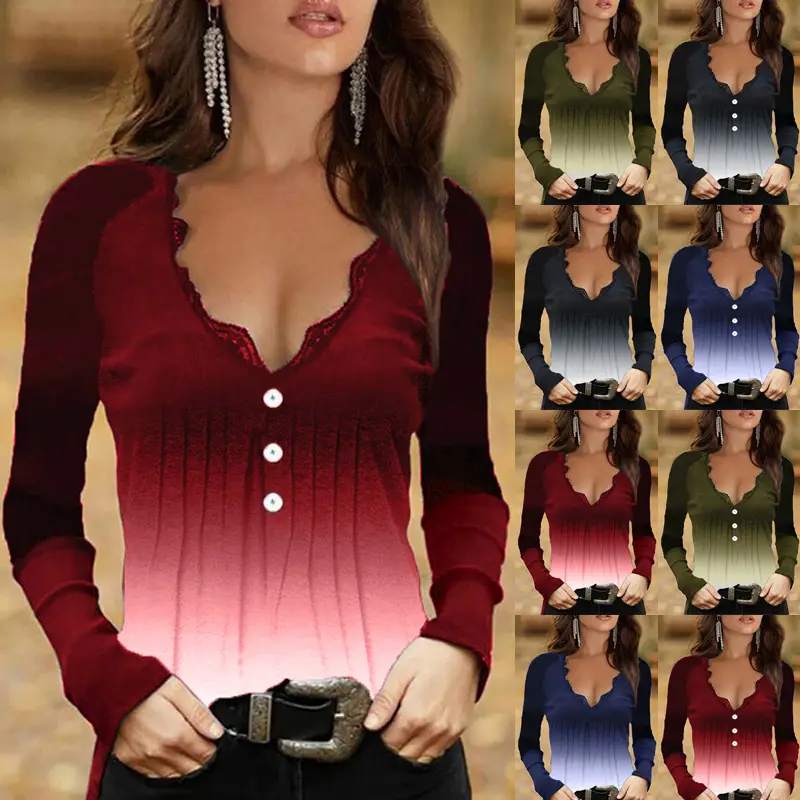 2022 Women's Geometric Printed Long Sleeve T-Shirt Maroon — feature 6