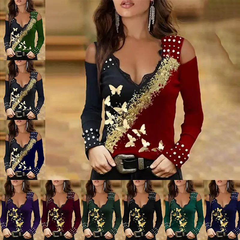 2022 Women's Geometric Printed Long Sleeve T-Shirt Maroon — feature 8