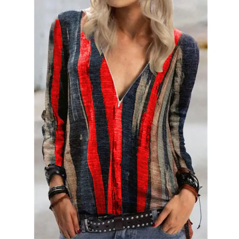 2022 Women's Geometric Printed Long Sleeve T-Shirt Maroon - Image 10