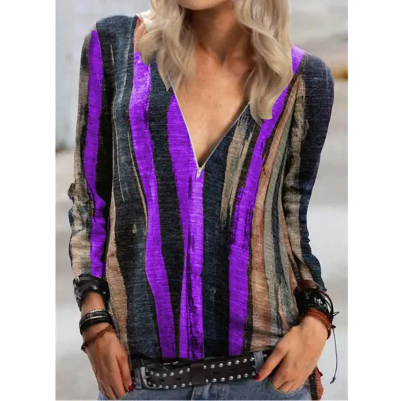 2022 Women's Geometric Printed Long Sleeve T-Shirt Maroon - Image 12