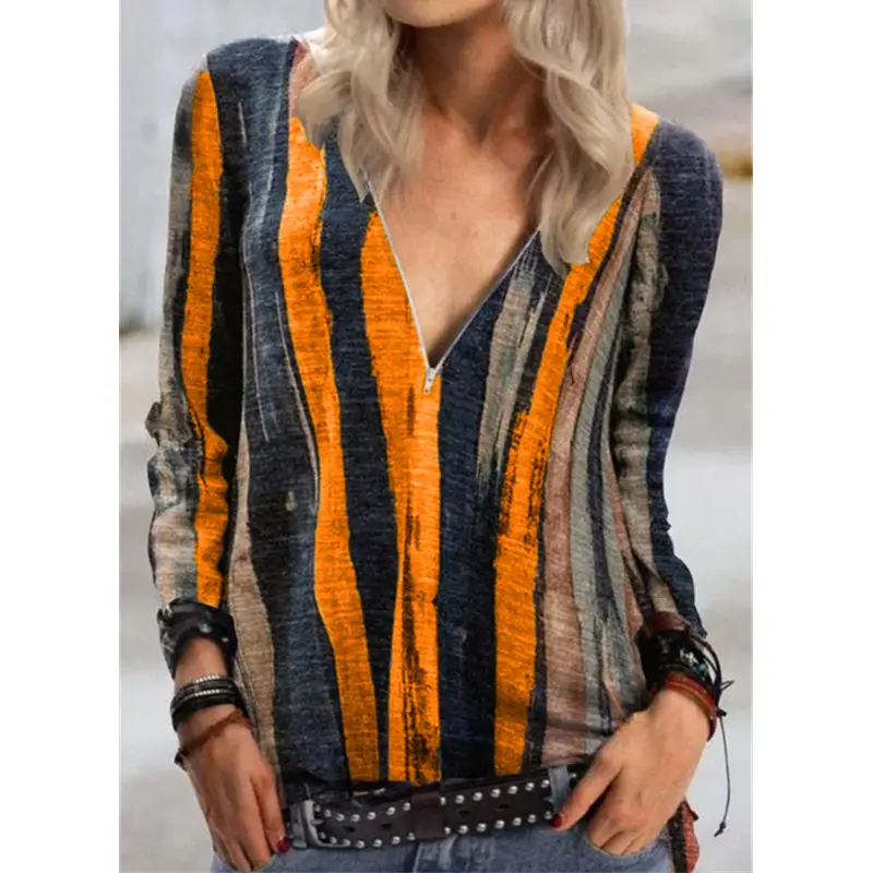 2022 Women's Geometric Printed Long Sleeve T-Shirt Maroon - Image 13