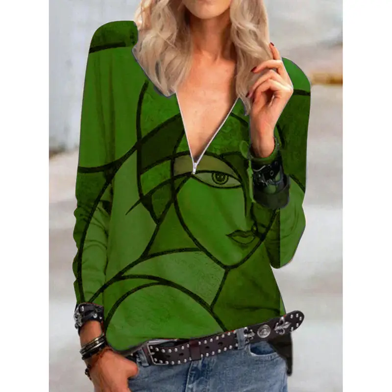 2022 Women's Geometric Printed Long Sleeve T-Shirt Maroon - Image 15
