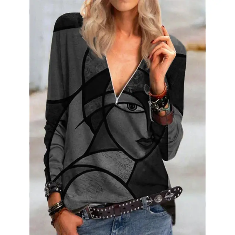 2022 Women's Geometric Printed Long Sleeve T-Shirt Maroon - Image 16