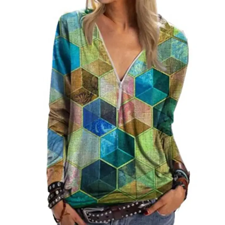 2022 Women's Geometric Printed Long Sleeve T-Shirt Maroon - Image 8