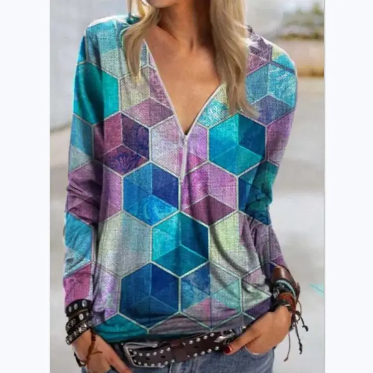 2022 Women's Geometric Printed Long Sleeve T-Shirt Maroon - Image 9