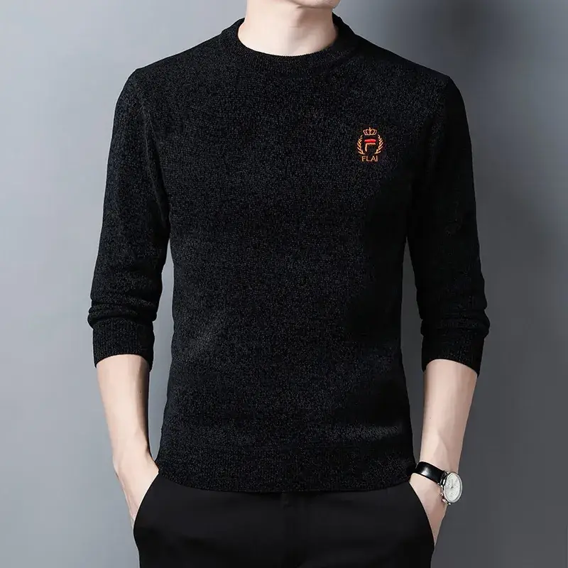 Men's Blue Fleece Lined Round Neck Sweater - Image 7