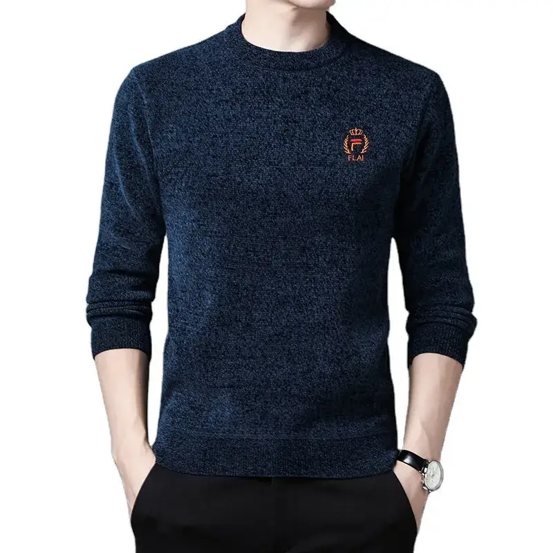 Men's Blue Fleece Lined Round Neck Sweater - Image 9