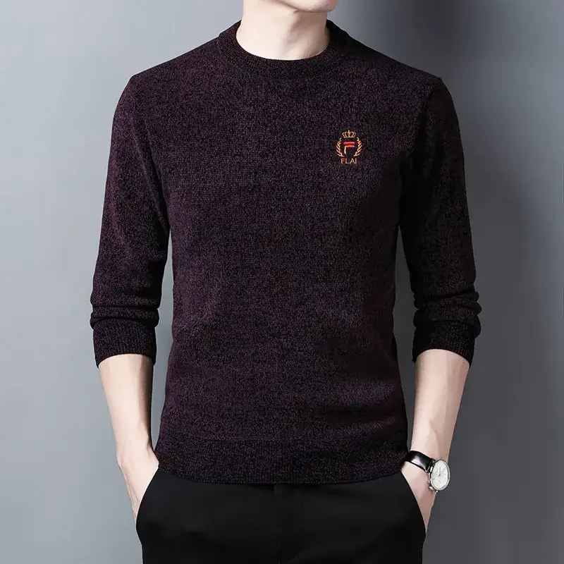 Men's Blue Fleece Lined Round Neck Sweater - Image 3