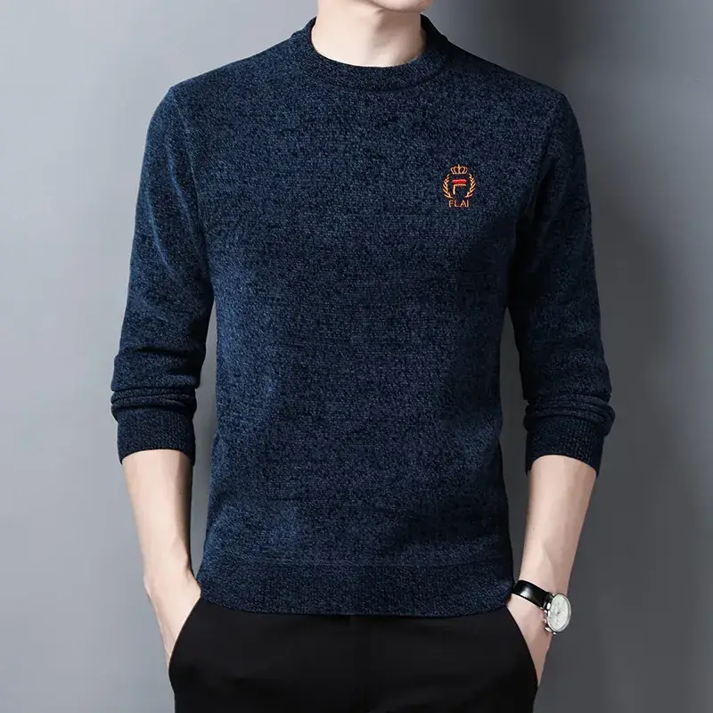 Men's Blue Fleece Lined Round Neck Sweater - Image 4