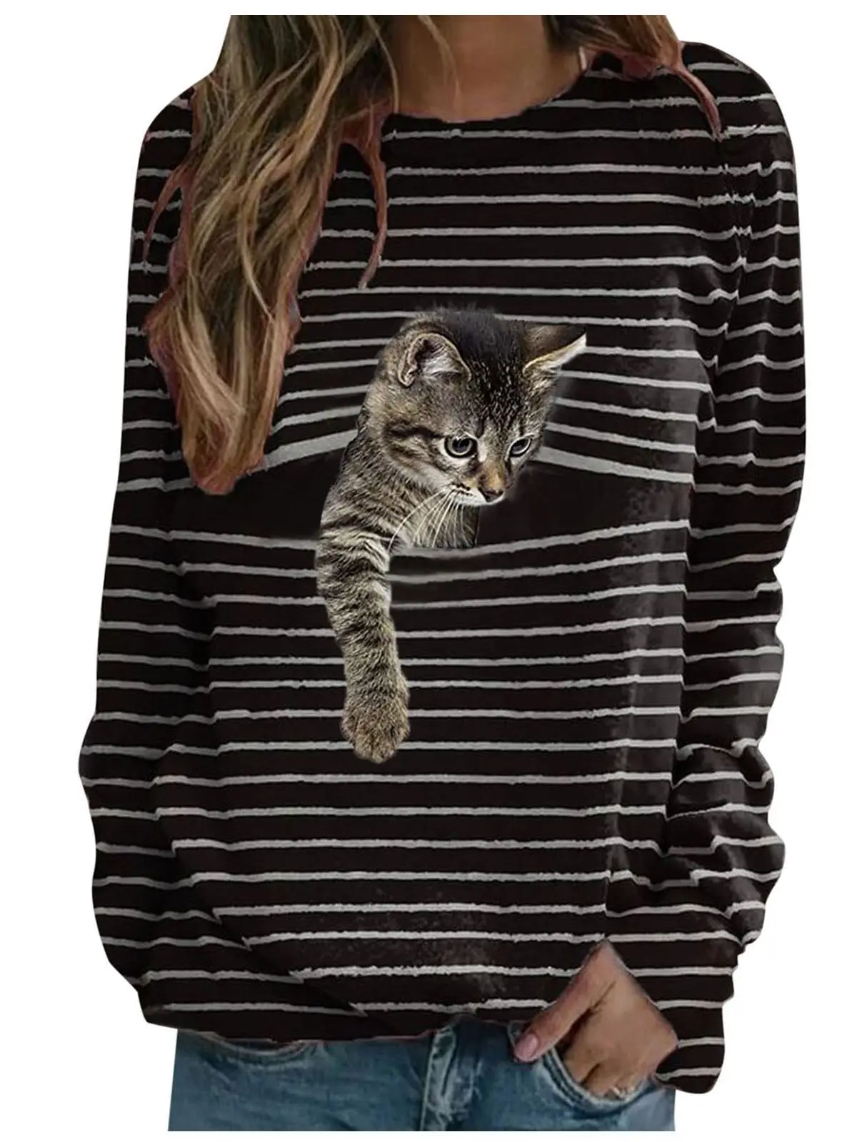 Women Long Sleeve Cat Print T-Shirt Black White - Image 7
