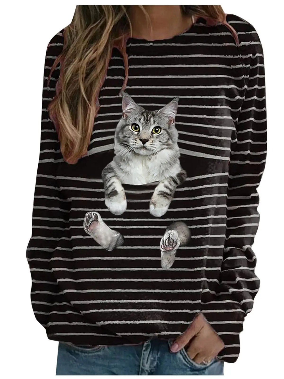 Women Long Sleeve Cat Print T-Shirt Black White - Image 8