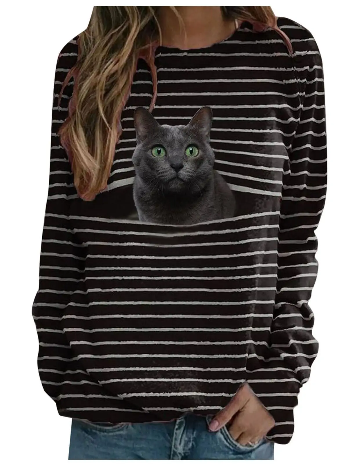 Women Long Sleeve Cat Print T-Shirt Black White - Image 9
