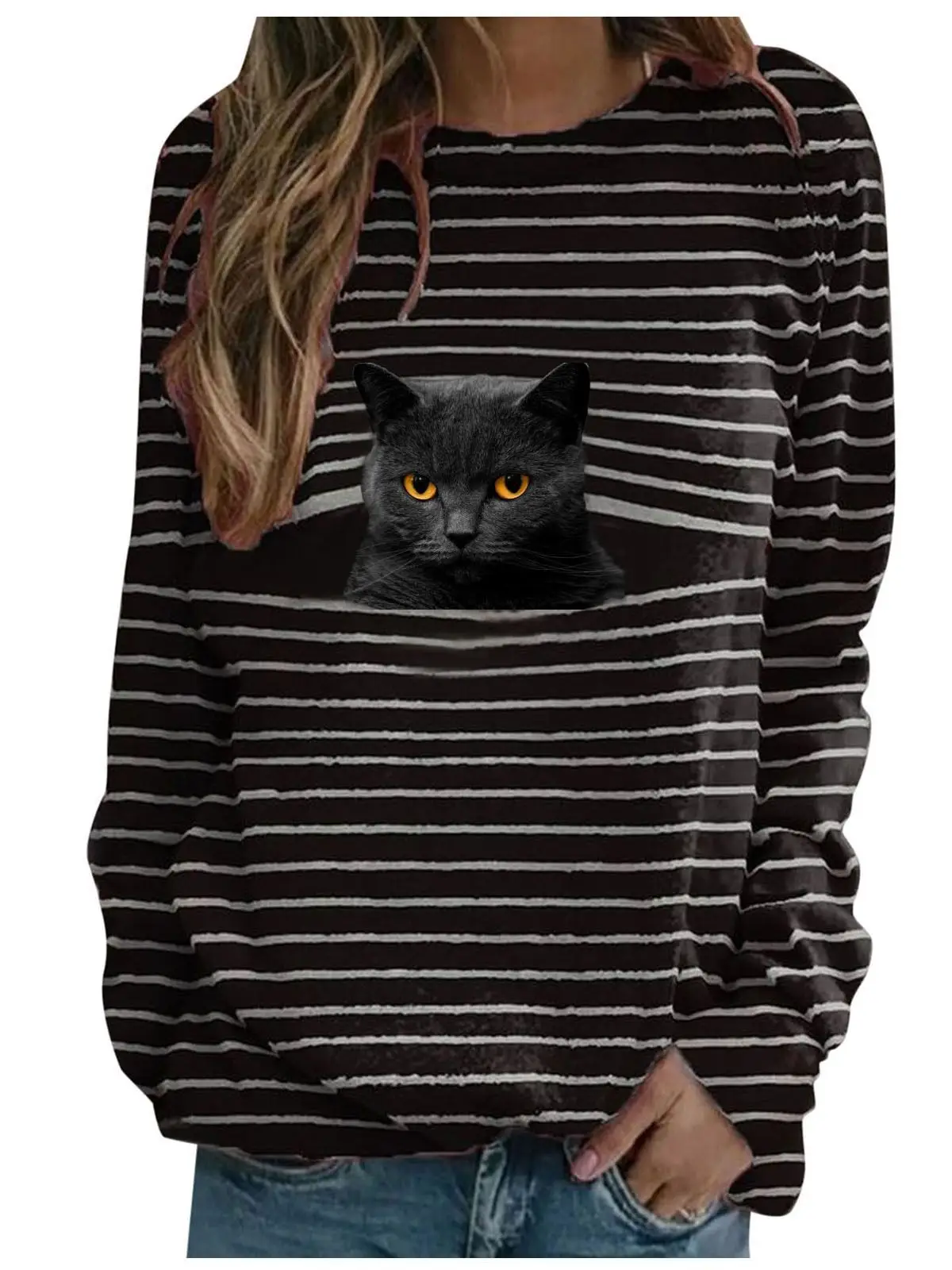Women Long Sleeve Cat Print T-Shirt Black White - Image 10