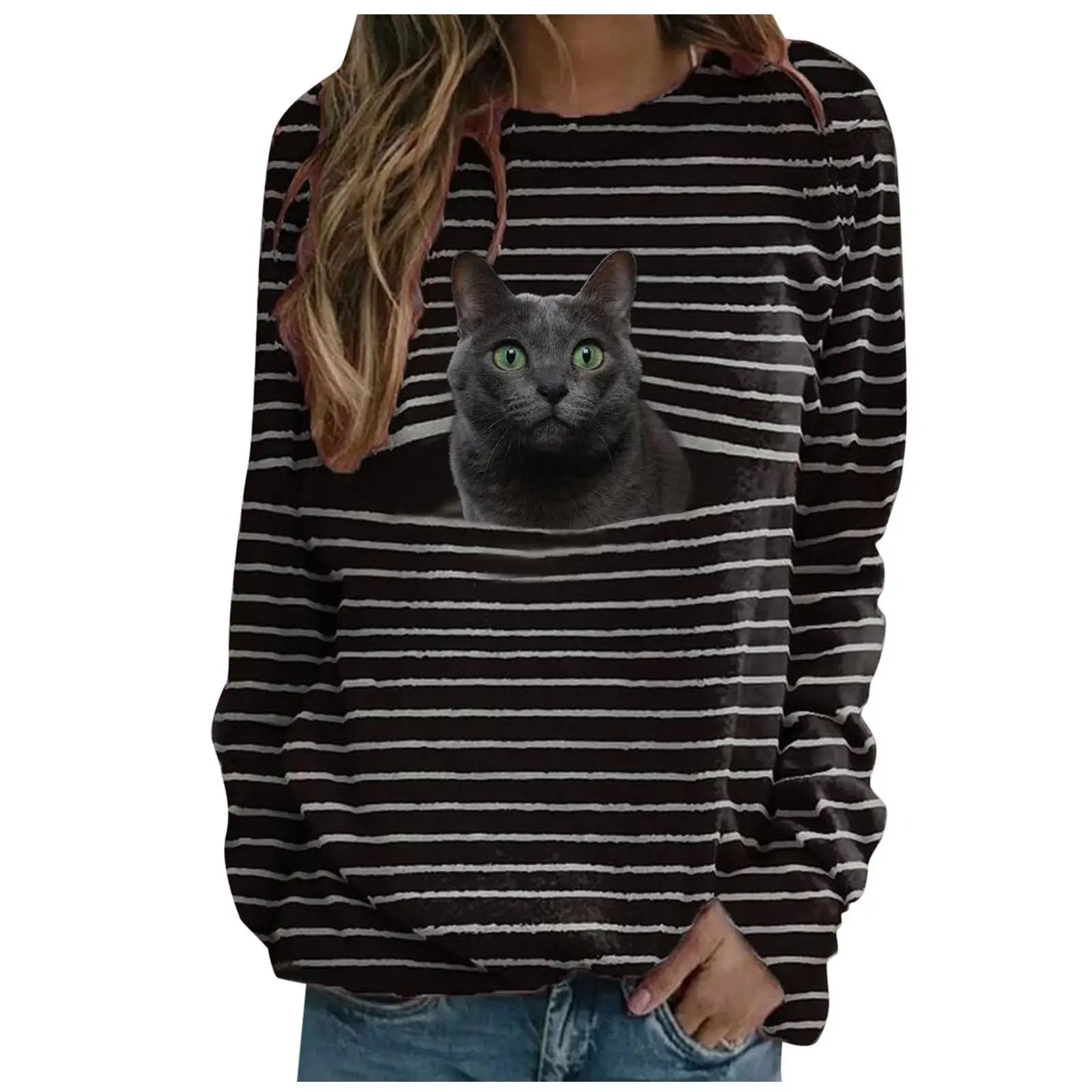 Women Long Sleeve Cat Print T-Shirt Black White - Image 2