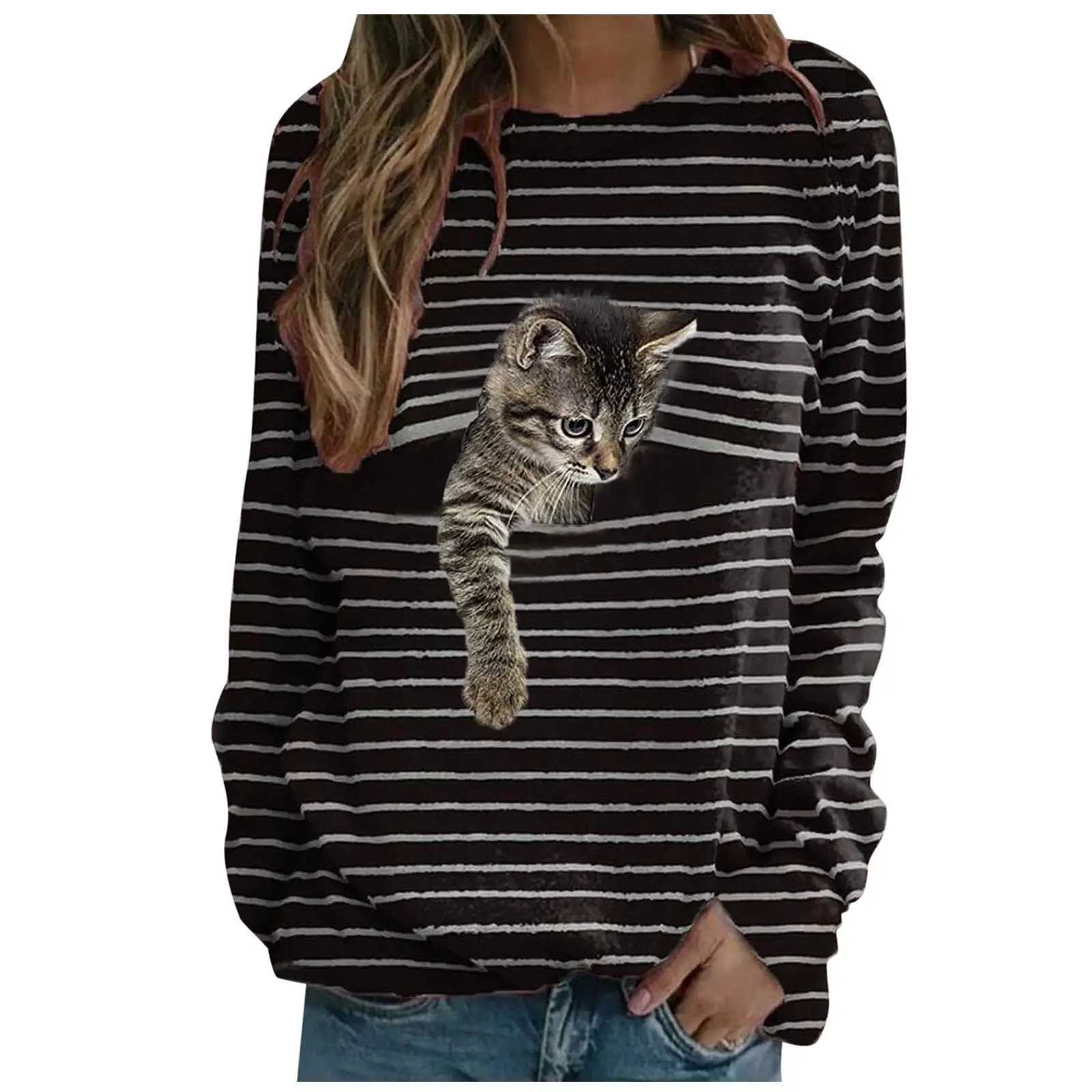 Women Long Sleeve Cat Print T-Shirt Black White - Image 4