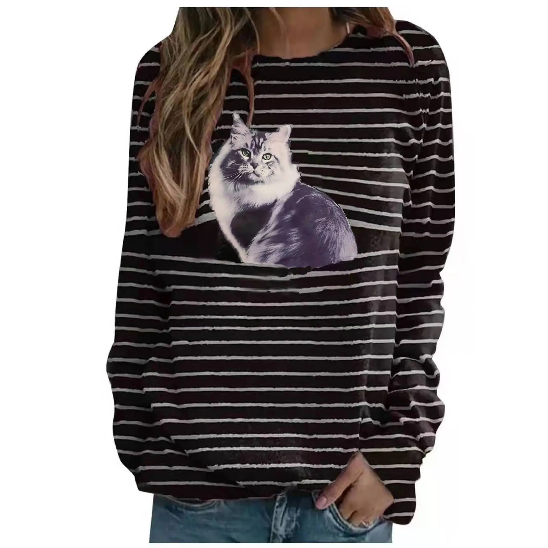 Women Long Sleeve Cat Print T-Shirt Black White - Image 5