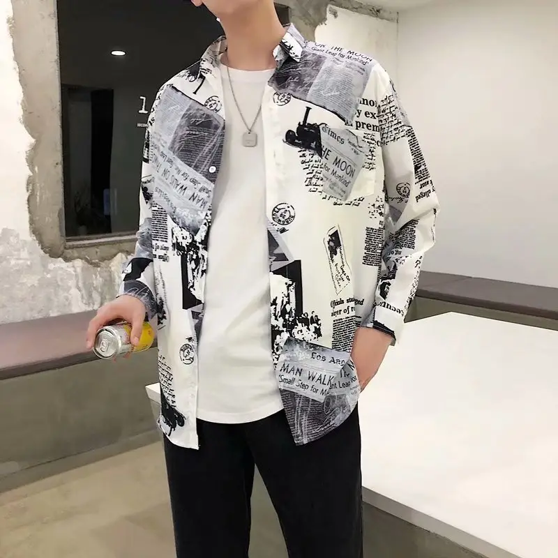 Men's Long Sleeve Printed Shirt Black White Urban Style - Image 3