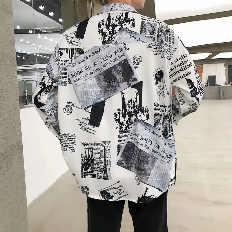 Men's Long Sleeve Printed Shirt Black White Urban Style - Image 4