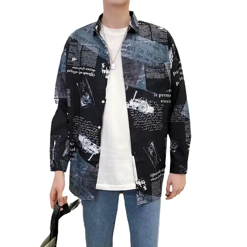Men's Long Sleeve Printed Shirt Black White Urban Style - Image 5