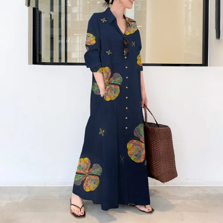 Spot 2024 Printed Lapel Long Sleeve Shirt Dress - Image 6