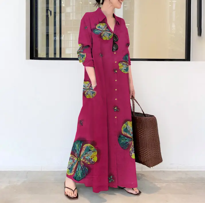 Spot 2024 Printed Lapel Long Sleeve Shirt Dress - Image 3