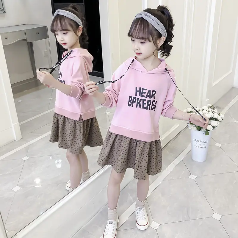 Girls Pink Hoodie Skirt Set Fake Two Piece - Image 2