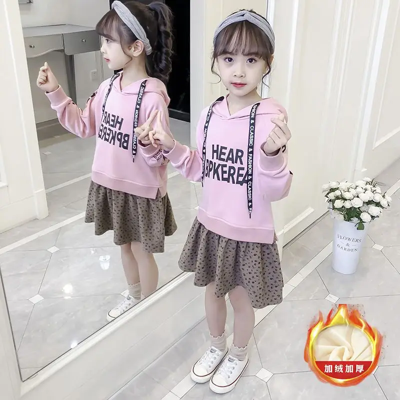 Girls Pink Hoodie Skirt Set Fake Two Piece - Image 3