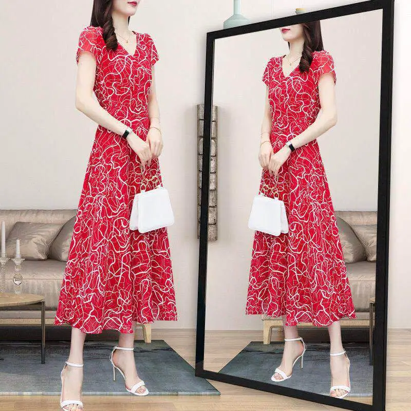 2021 Red Floral Gown Dress Large Size Slimming Elegant - Image 4