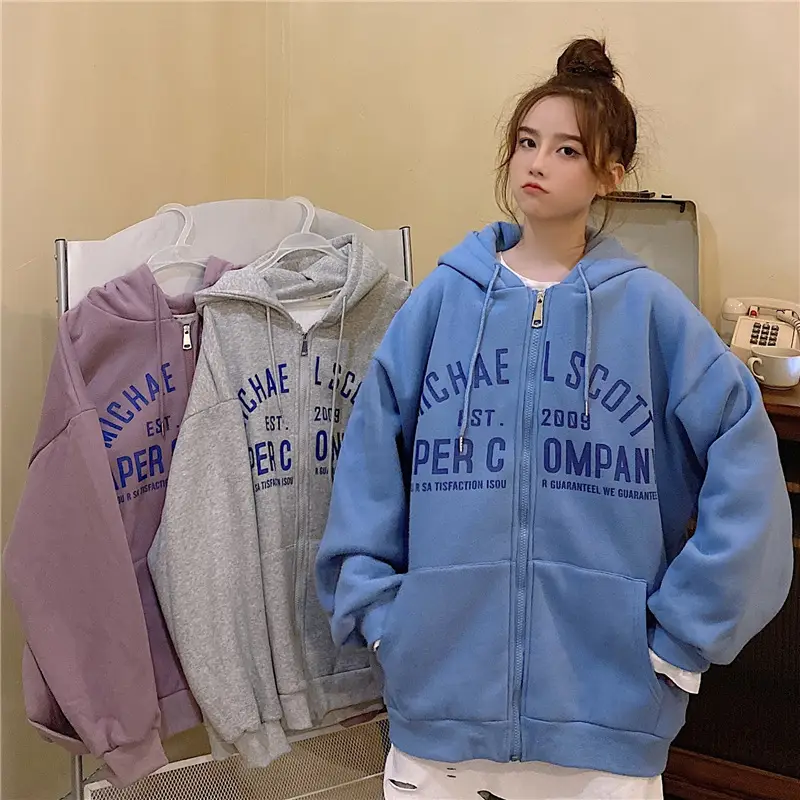Women Blue Hooded Zipper Jacket Korean Style Loose Fit