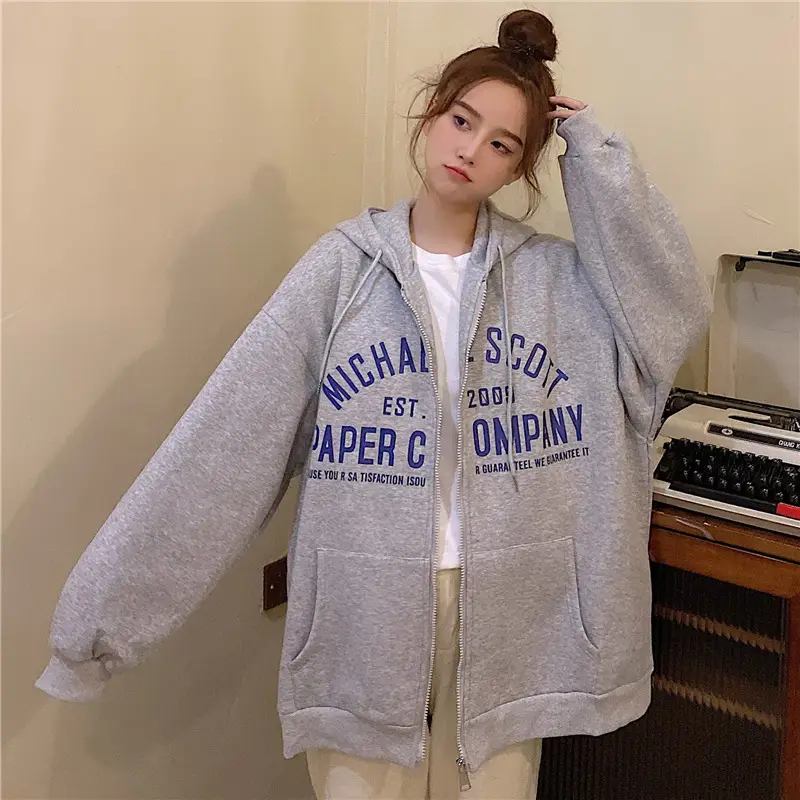 Women Blue Hooded Zipper Jacket Korean Style Loose Fit