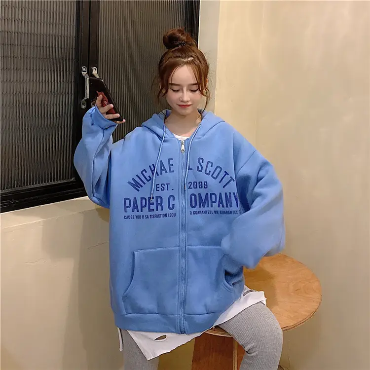Women Blue Hooded Zipper Jacket Korean Style Loose Fit — feature 11