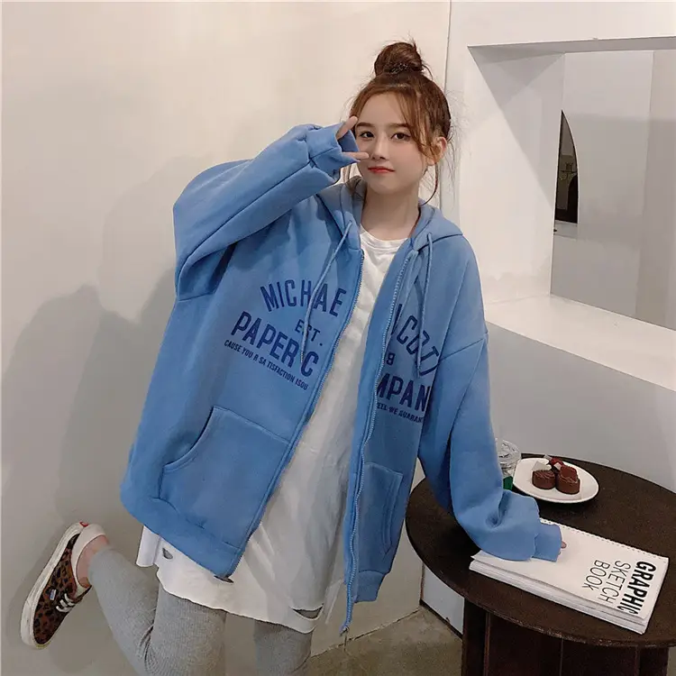 Women Blue Hooded Zipper Jacket Korean Style Loose Fit — feature 12