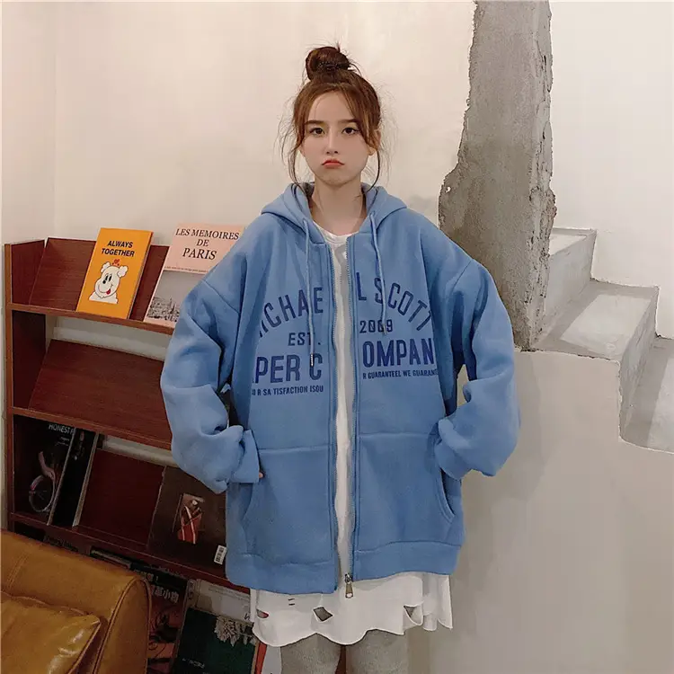 Women Blue Hooded Zipper Jacket Korean Style Loose Fit — feature 13